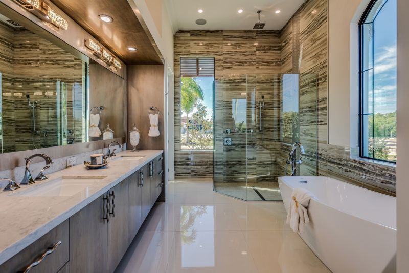 Marble flooring in a master bathroom